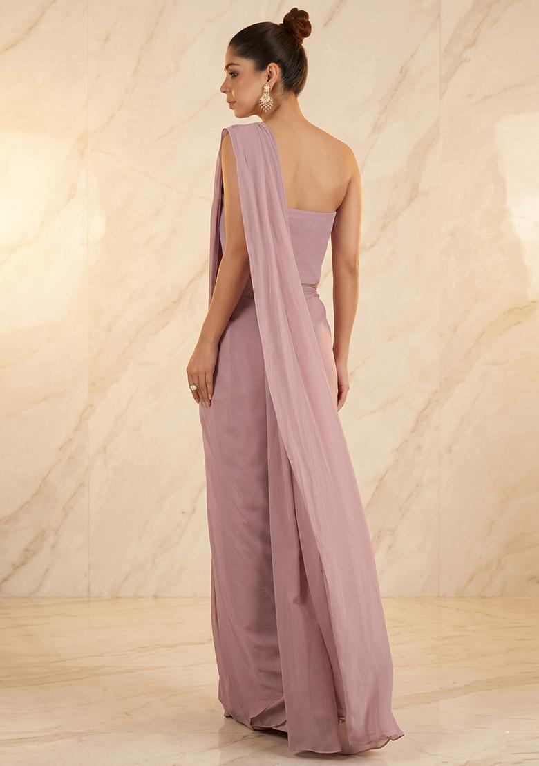 Mauve Embroidered Handwork Pre Draped Saree Set - Indya