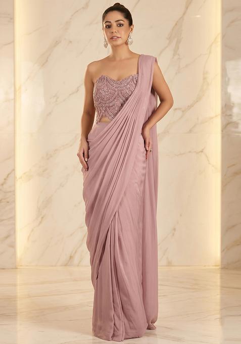 Mauve Embroidered Handwork Pre Draped Saree Set