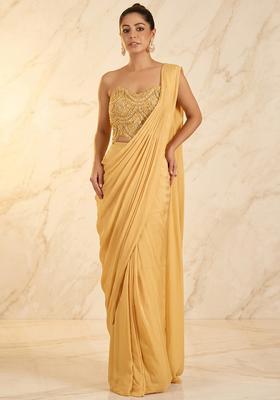 Pastel Yellow Embroidered Handwork Pre Draped Saree Set