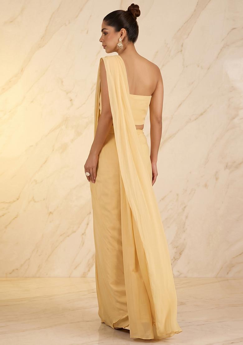 Pastel Yellow Embroidered Handwork Pre Draped Saree Set - Indya