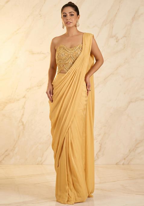 Pastel Yellow Embroidered Handwork Pre Draped Saree Set