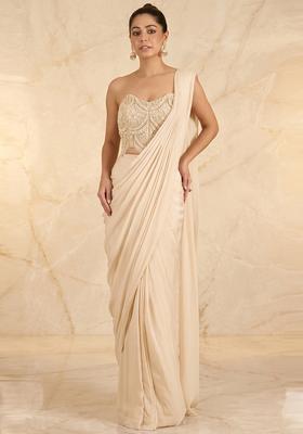 Ivory Embroidered Handwork Pre Draped Saree Set