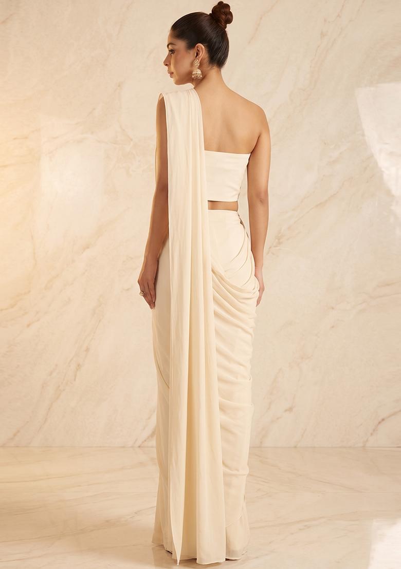 Ivory Embroidered Handwork Pre Draped Saree Set - Indya