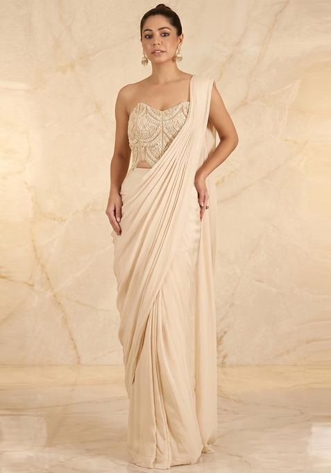 Ivory Embroidered Handwork Pre Draped Saree Set