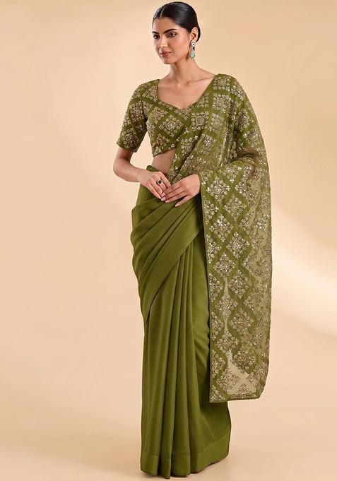 Olive Green Embroidered Crepe Pre Draped Saree Set