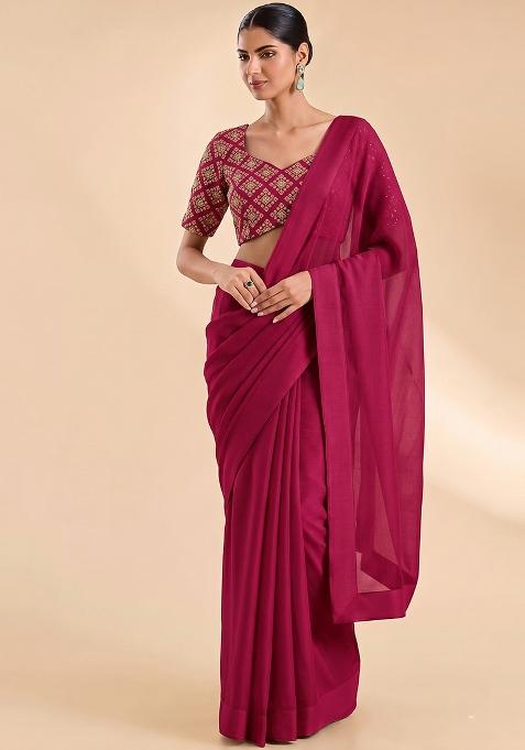 Rani Pink Embroidered Crepe Pre Draped Saree Set