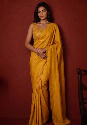 Mustard Yellow Mirror Viscose Pre Draped Saree Set