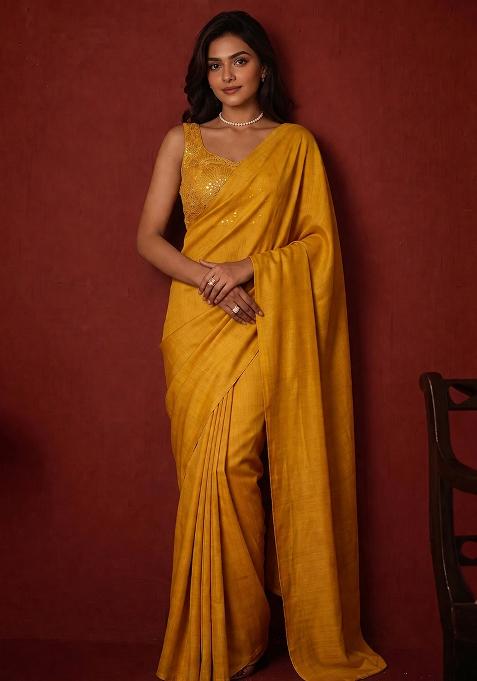 Mustard Yellow Mirror Viscose Pre Draped Saree Set