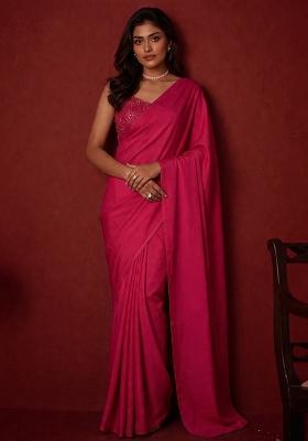 Cherry Pink Mirror Viscose Pre Draped Saree Set