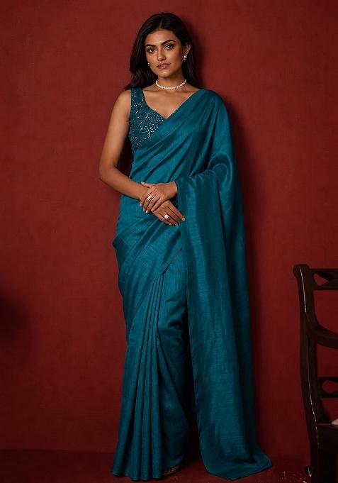 Blue Mirror Viscose Pre Draped Saree Set