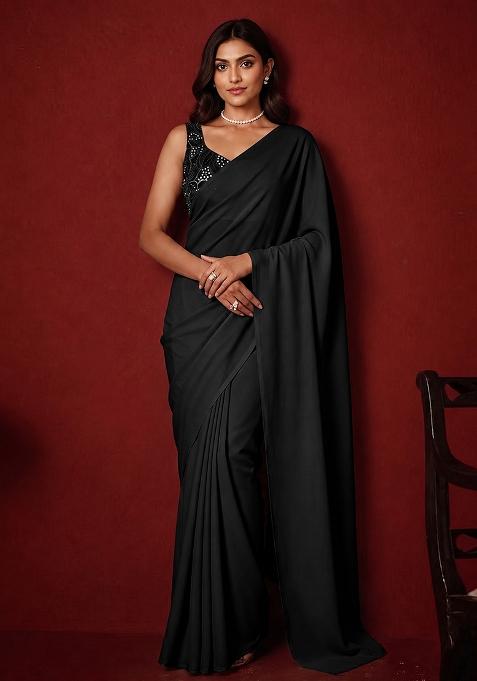 Jet Black Mirror Viscose Pre Draped Saree Set
