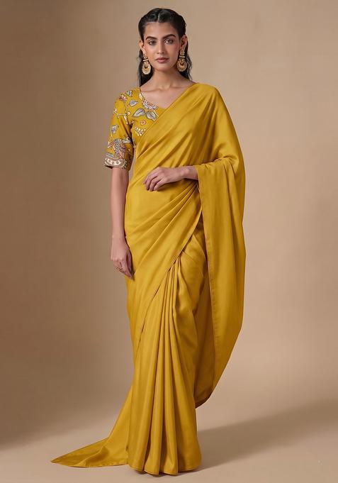 Turmeric Yellow Printed Silk Pre Draped Saree Set