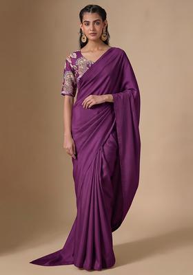 Byzantium Purple Printed Silk Blend Pre Draped Saree Set