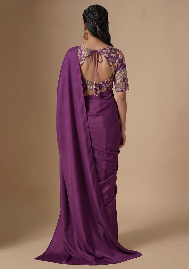 Byzantium Purple Printed Silk Blend Pre Draped Saree Set - Indya