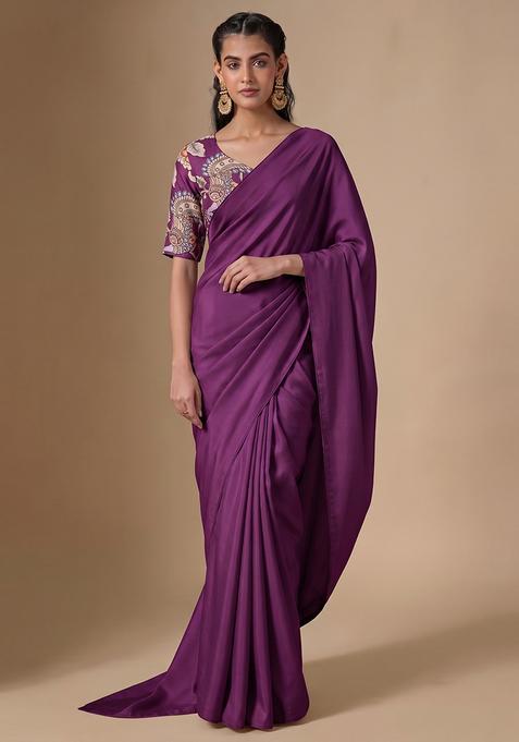 Byzantium Purple Printed Silk Pre Draped Saree Set