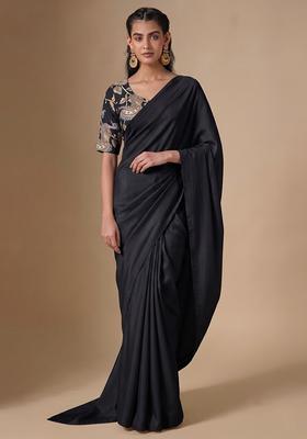 Jet Black Printed Silk Pre Draped Saree Set