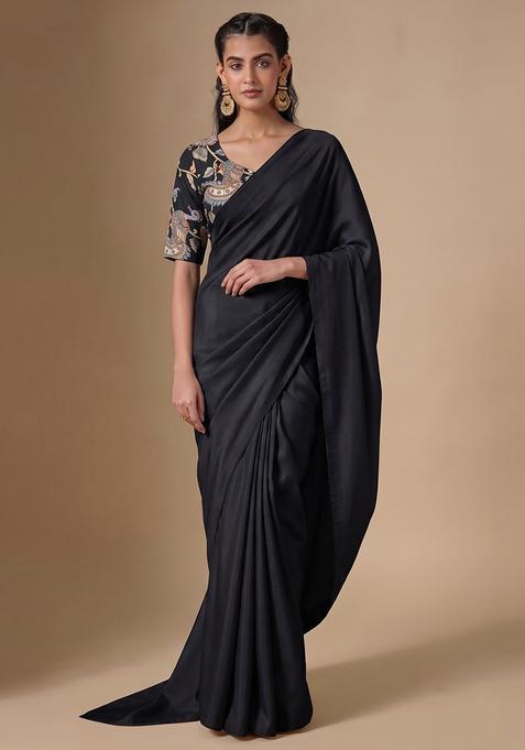 Jet Black Printed Silk Pre Draped Saree Set