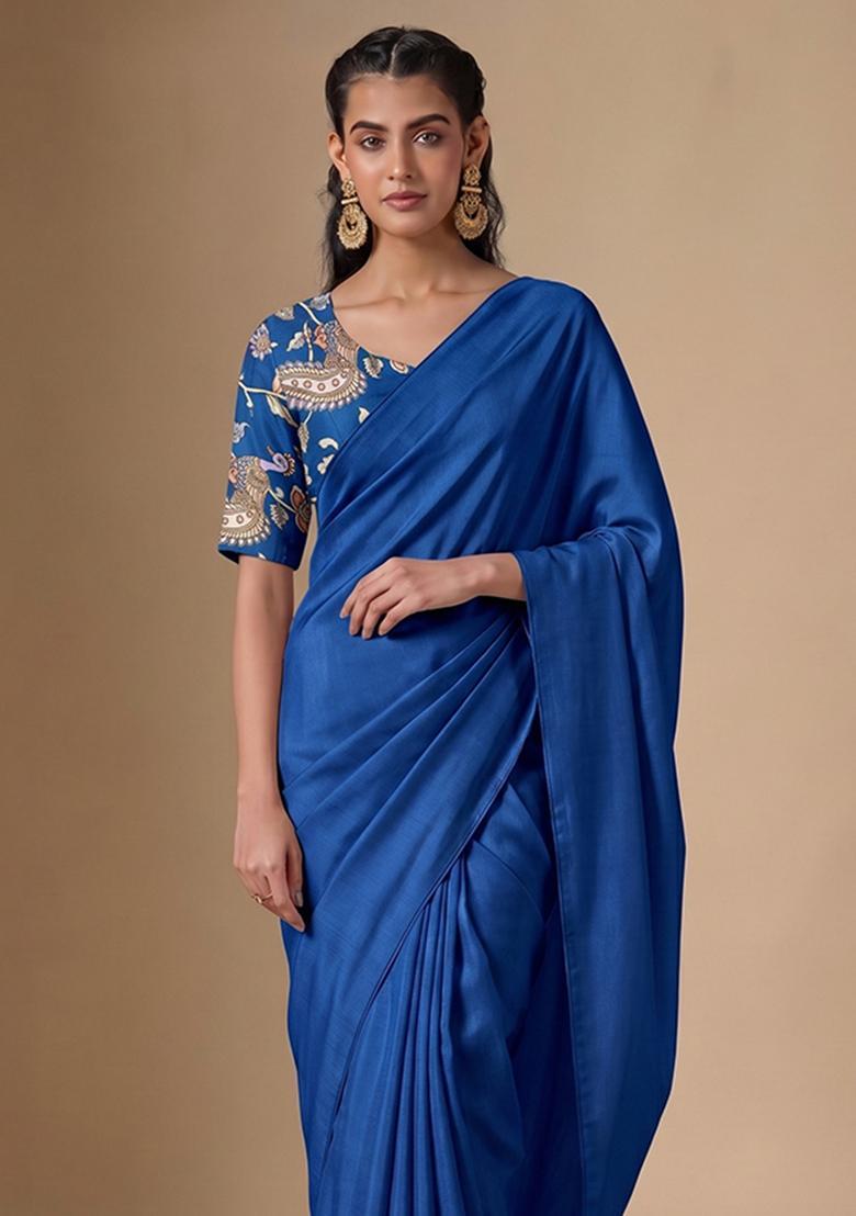 Cobalt Blue Printed Silk Blend Pre Draped Saree Set - Indya