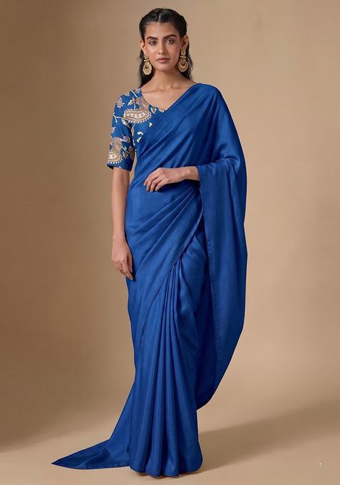 Cobalt Blue Printed Silk Pre Draped Saree Set