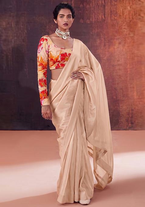 Beige Printed Crepe Pre Draped Saree Set