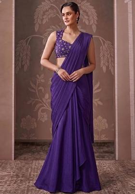 Royal Purple Embroidered Tissue Pre Draped Saree Set