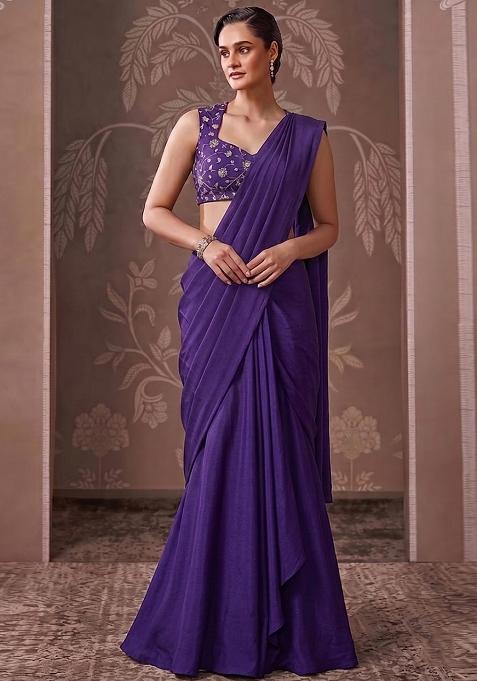 Royal Purple Embroidered Tissue Pre Draped Saree Set