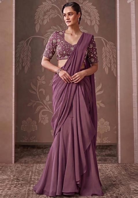 Mauve Embroidered Tissue Pre Draped Saree Set