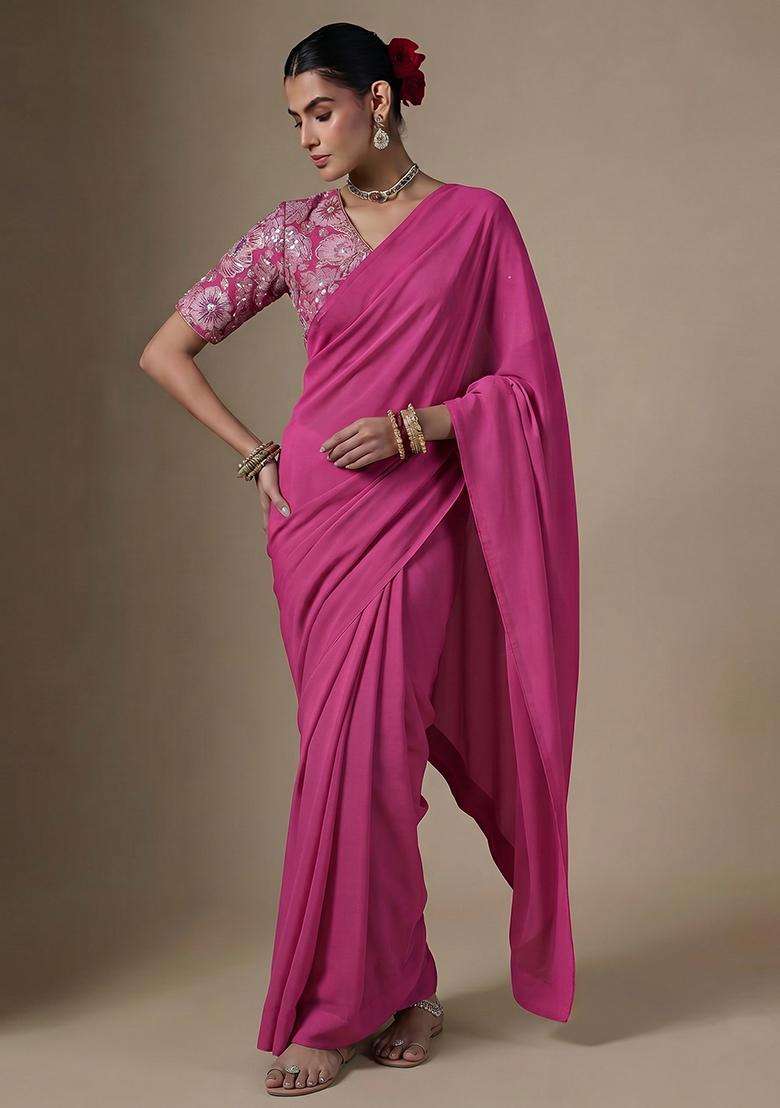 Magenta Pink Embroidered Crepe Pre Draped Saree Set - Indya
