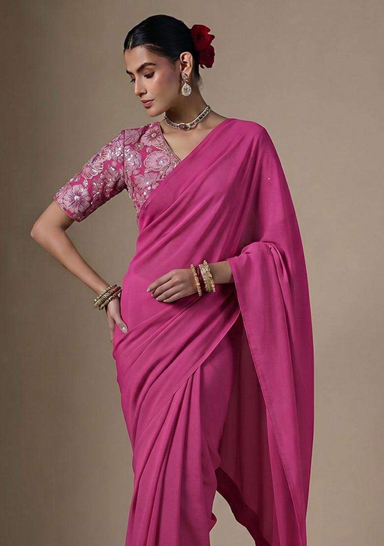 Magenta Pink Embroidered Crepe Pre Draped Saree Set - Indya