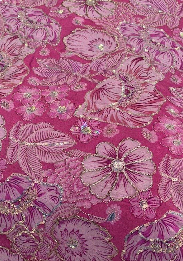 Magenta Pink Embroidered Crepe Pre Draped Saree Set - Indya