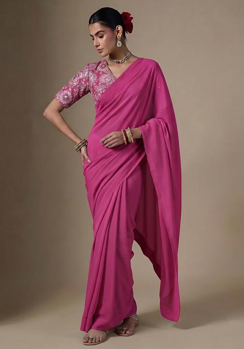 Magenta Pink Embroidered Crepe Pre Draped Saree Set