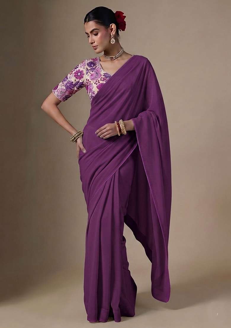 Off White Embroidered Crepe Pre Draped Saree Set - Indya