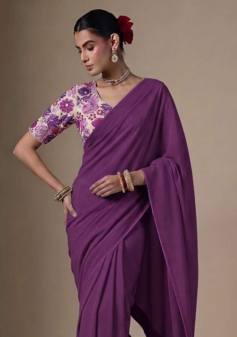 Off White Embroidered Crepe Pre Draped Saree Set - Indya
