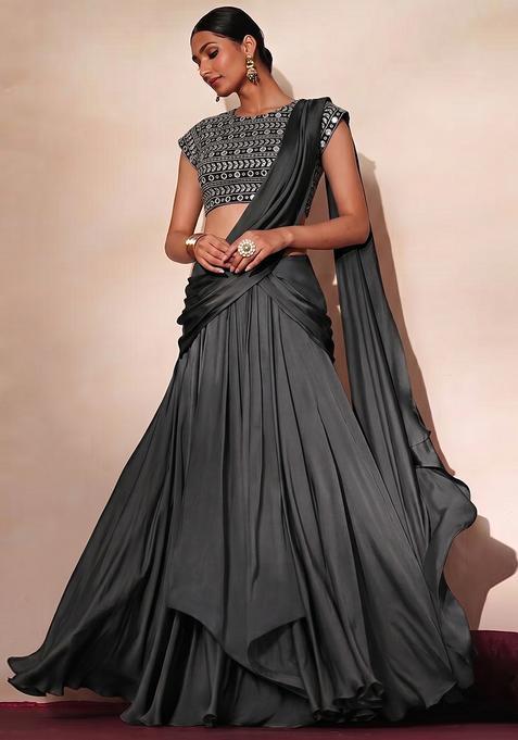 Charcoal Grey Mirror Georgette Lehenga Set