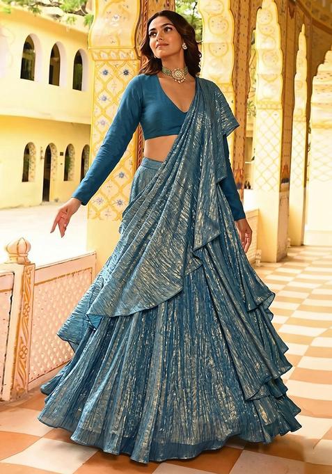 Blue Solid Georgette Lehenga Set