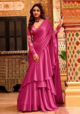 Magenta Pink Printed Organza Lehenga Set