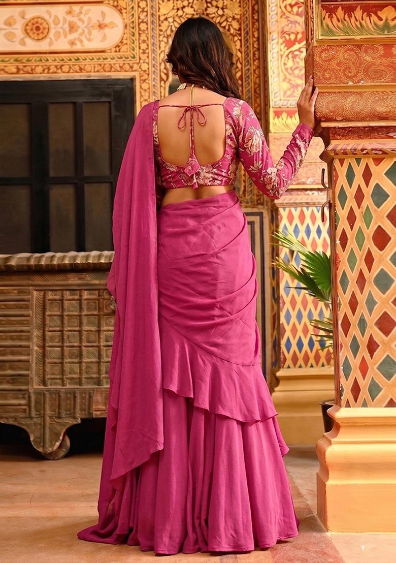 Magenta Pink Printed Organza Lehenga Set - Indya