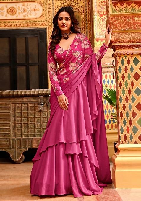 Magenta Pink Printed Organza Lehenga Set