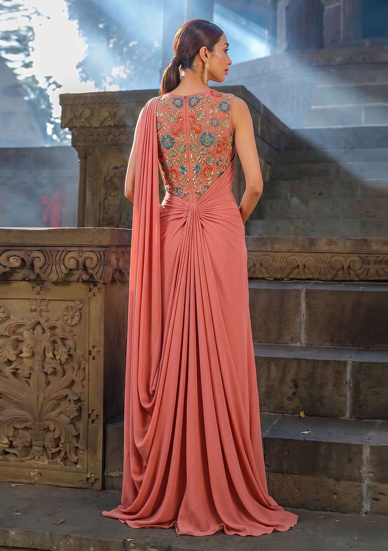 Coral Peach Printed Pre Draped Saree Set - Indya