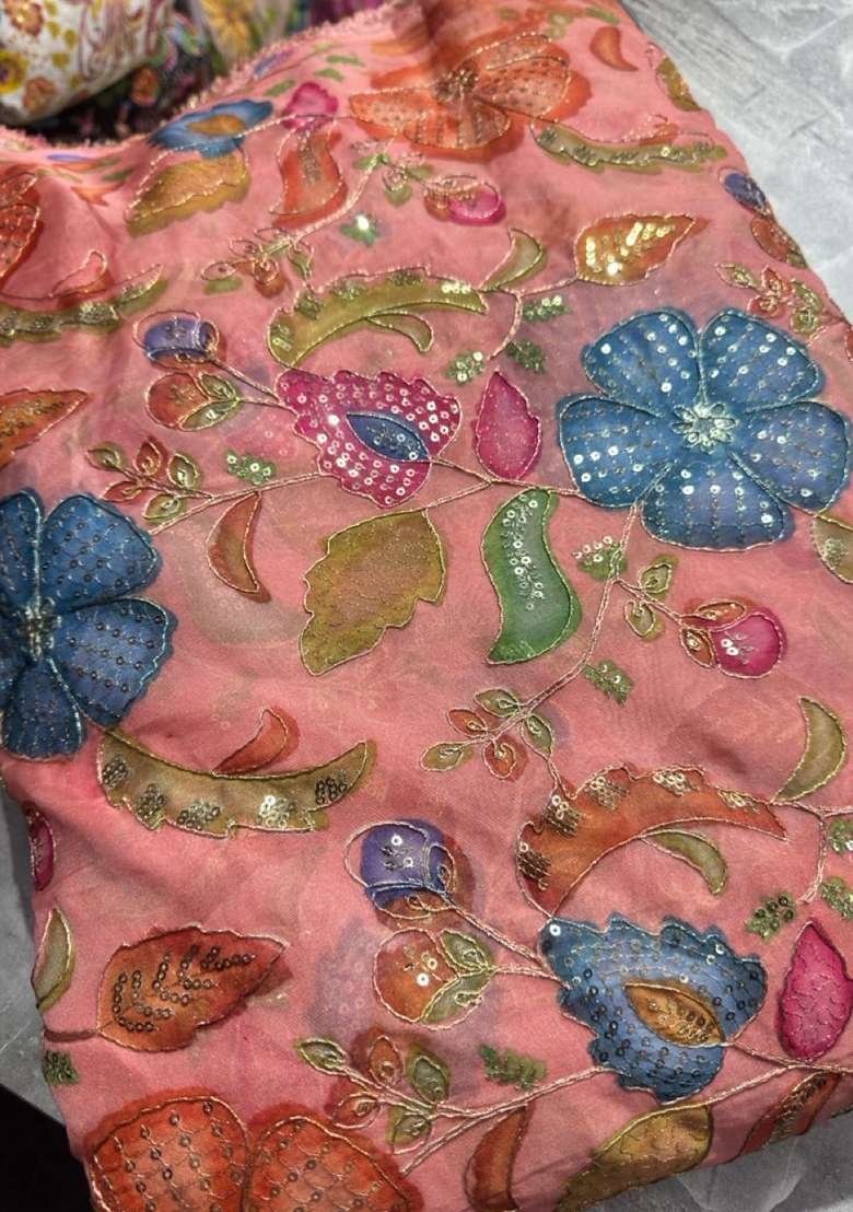 Coral Peach Printed Pre Draped Saree Set - Indya