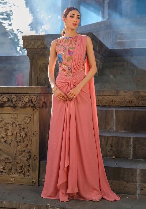 Coral Peach Printed Pre Draped Saree Set