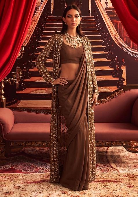 Coffee Brown Sequin Georgette Pre Draped Saree Set