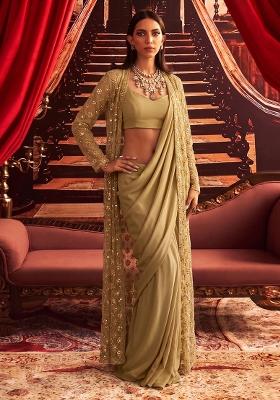 Gold Embroidered Organza Pre Draped Saree Set