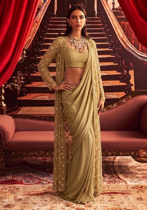 Gold Embroidered Organza Pre Draped Saree Set