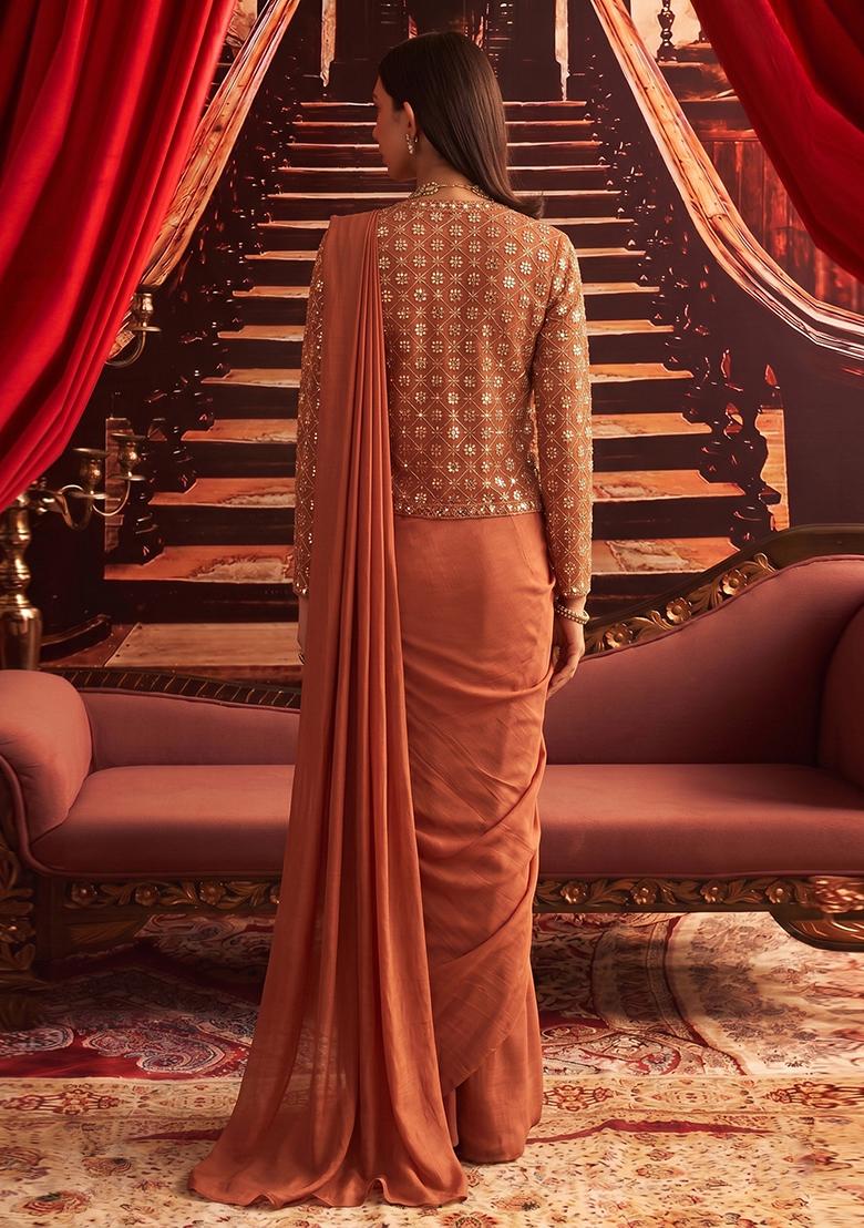 Rust Embroidered Organza Pre Draped Saree Set - Indya