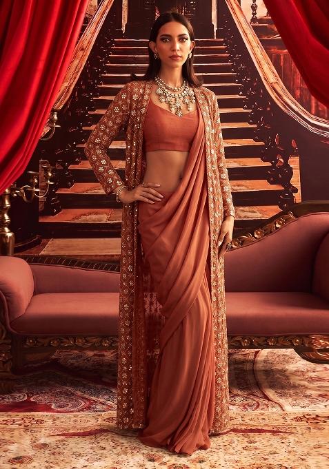 Rust Embroidered Organza Pre Draped Saree Set