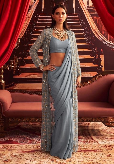 Powder Blue Embroidered Organza Pre Draped Saree Set
