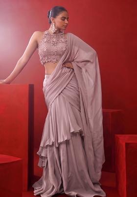 Mauve Embroidered Pre Draped Saree Set