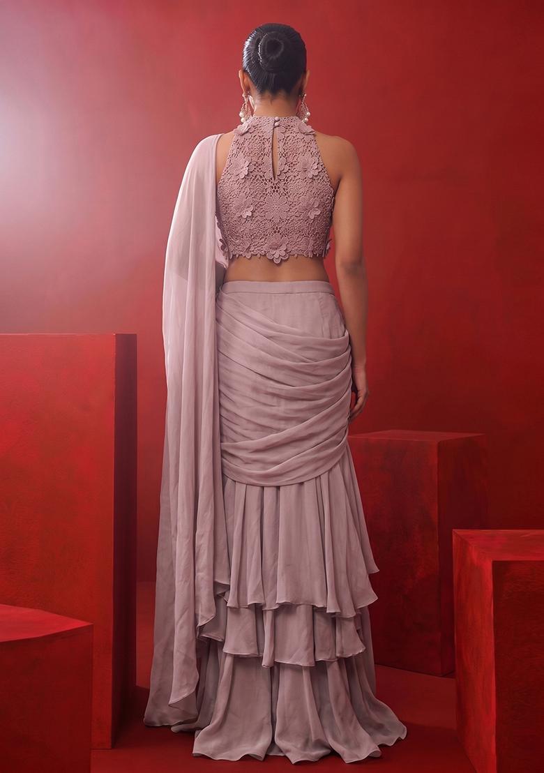 Mauve Embroidered Pre Draped Saree Set - Indya