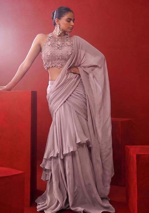 Mauve Embroidered Pre Draped Saree Set